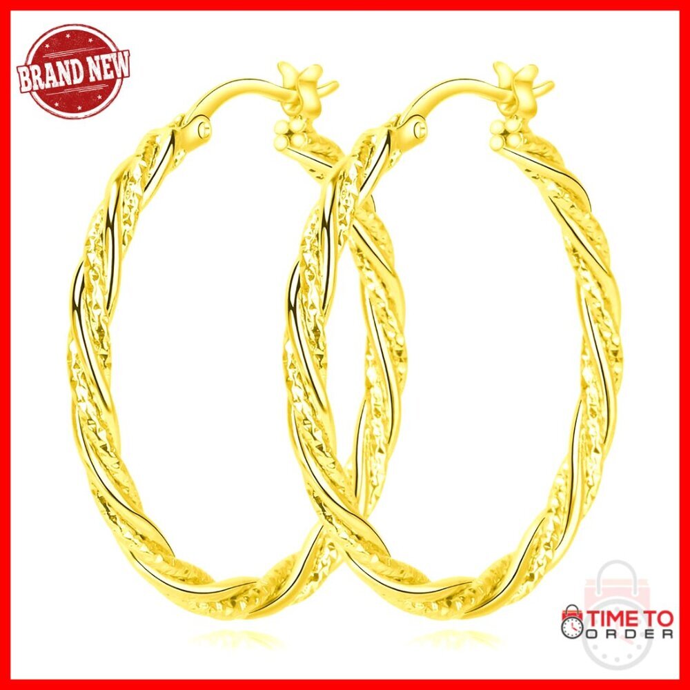 14K Gold Hoop Earrings 35mm Twisted Cable Design Hypoallergenic